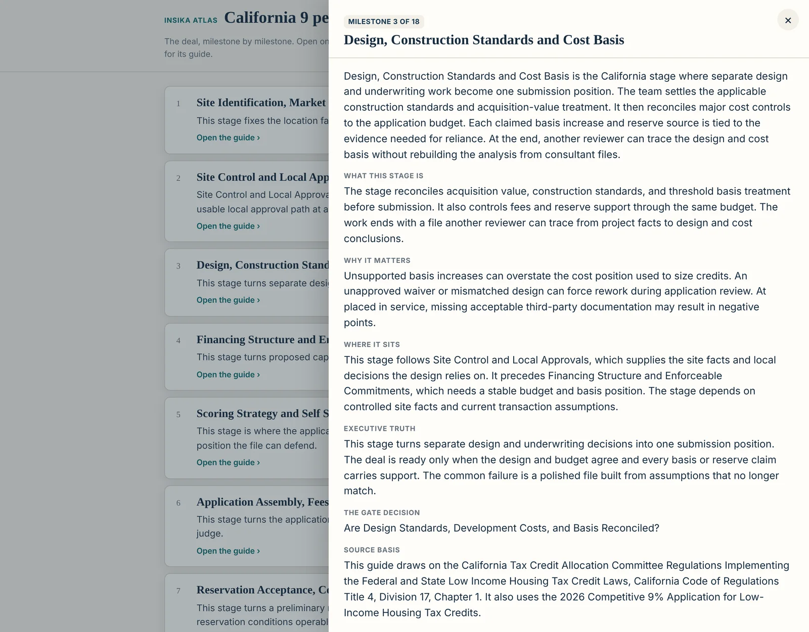 The California 9 percent Atlas with a milestone guide open: what this stage is, why it matters, where it sits, the executive truth, the gate decision and the source basis