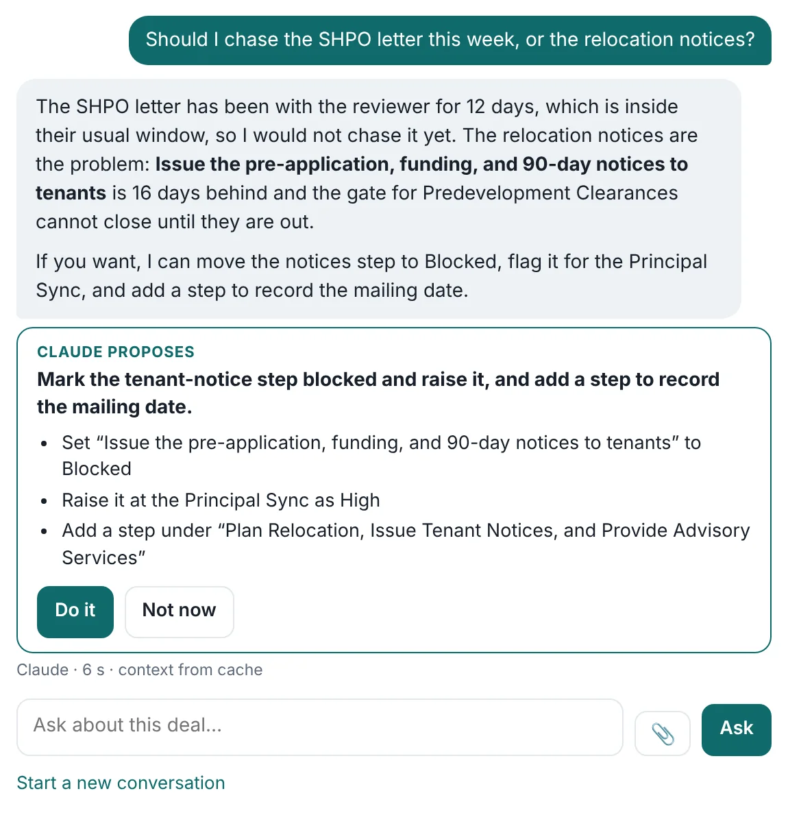 Ask about the deal: a question in plain words, an answer from the deal's own data, and a proposal card with Do it and Not now
